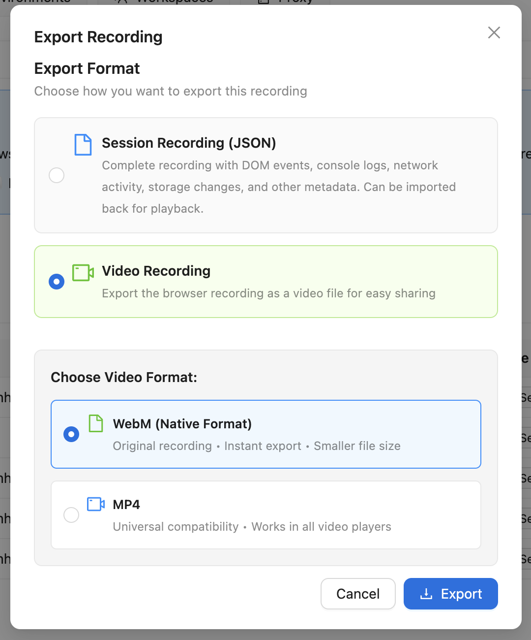 Export Recording Options
